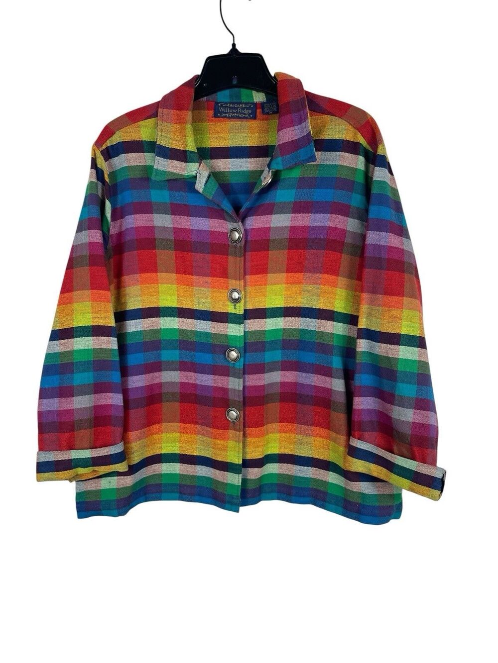 Rainbow Plaid 90s VTG Artsy Cotton Button shirt Jacket Shacket XL Willow Ridge